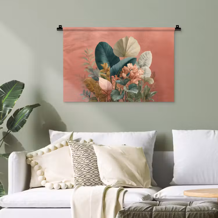 Tropische bladeren - Bloemen - Roze - groen Wandkleed katoen klein -sfeer7