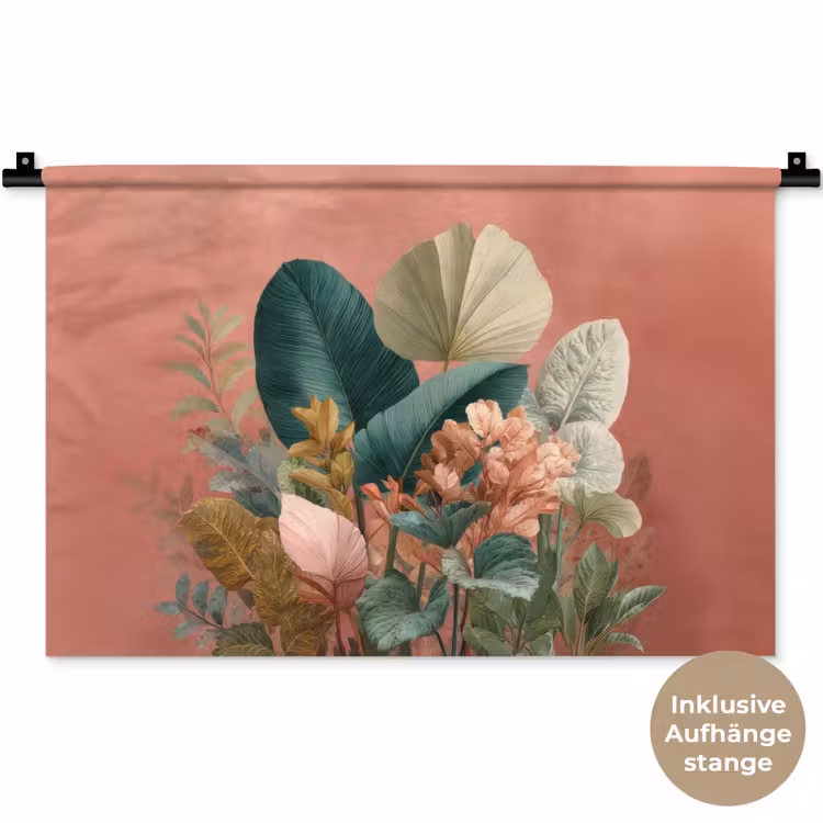 Tropische bladeren - Bloemen - Roze - groen Wandkleed katoen klein -t3d_DE