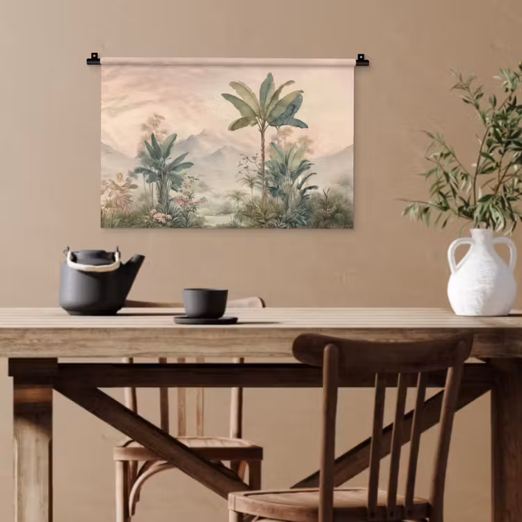 Tropisch landschap - palmbomen - Bloemen - Roze lucht Wandkleed katoen klein -sfeer6