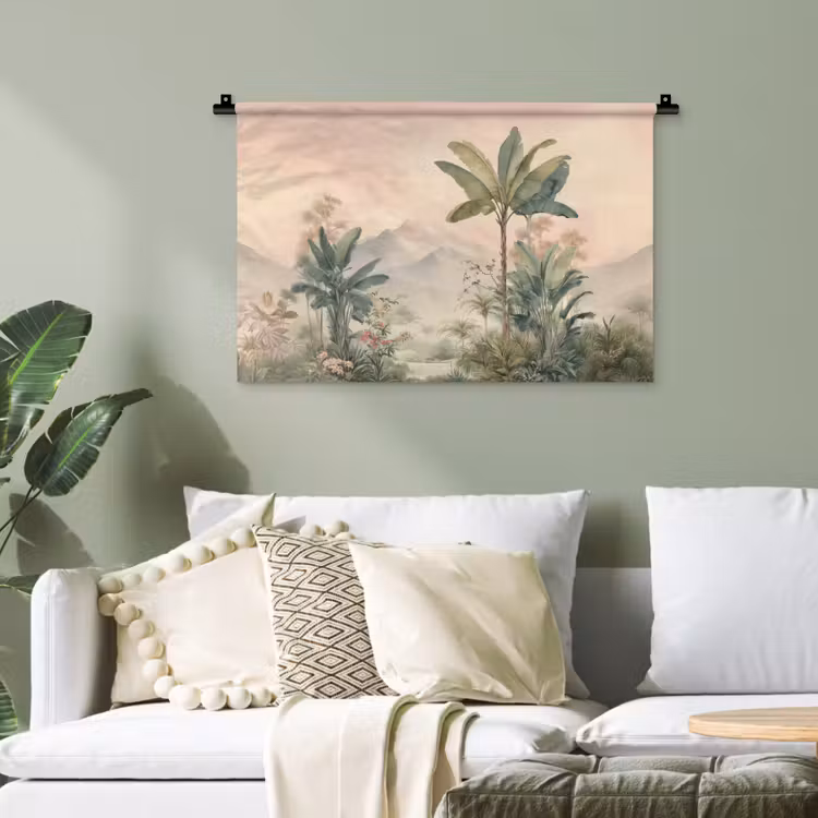 Tropisch landschap - palmbomen - Bloemen - Roze lucht Wandkleed katoen klein -sfeer7