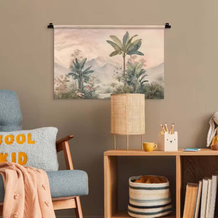Tropisch landschap - palmbomen - Bloemen - Roze lucht Wandkleed katoen klein -wsfeer4_kind