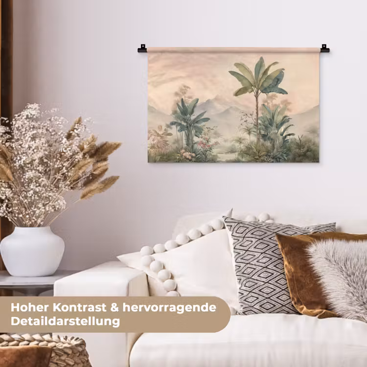 Tropisch landschap - palmbomen - Bloemen - Roze lucht Wandkleed katoen klein -tsfeer1_DE