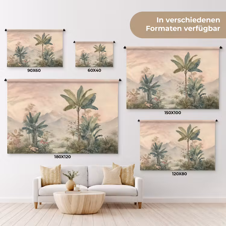 Tropisch landschap - palmbomen - Bloemen - Roze lucht Wandkleed katoen klein -tsfeer8_DE
