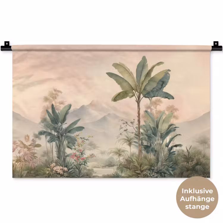 Tropisch landschap - palmbomen - Bloemen - Roze lucht Wandkleed katoen klein -t3d_DE