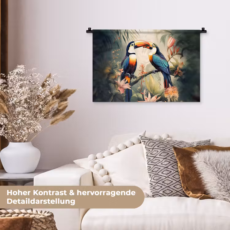 Toekan - Vogels - Bloemen - Natuur - Jungle Wandkleed katoen klein -tsfeer1_DE