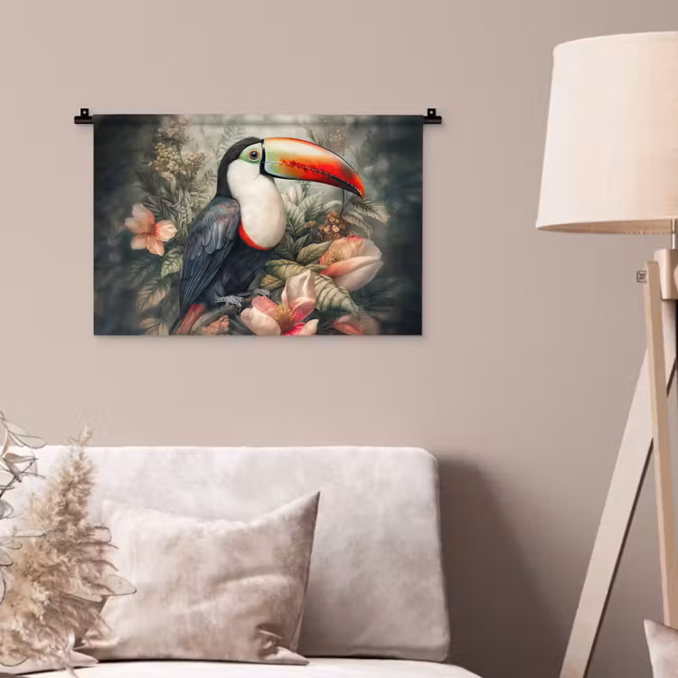 Toekan - Vogels - Bloemen - Planten - Tropisch Wandkleed katoen klein -sfeer4