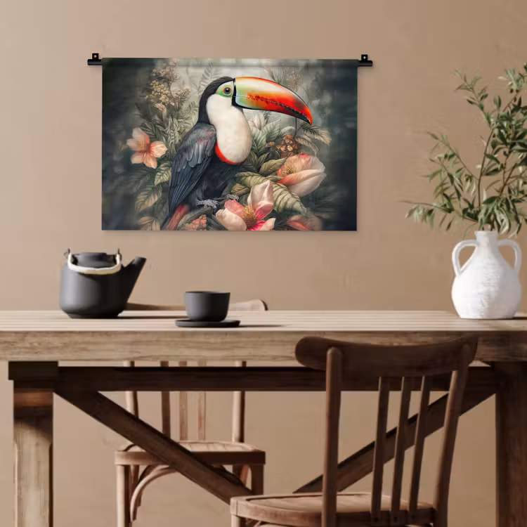 Toekan - Vogels - Bloemen - Planten - Tropisch Wandkleed katoen klein -sfeer6