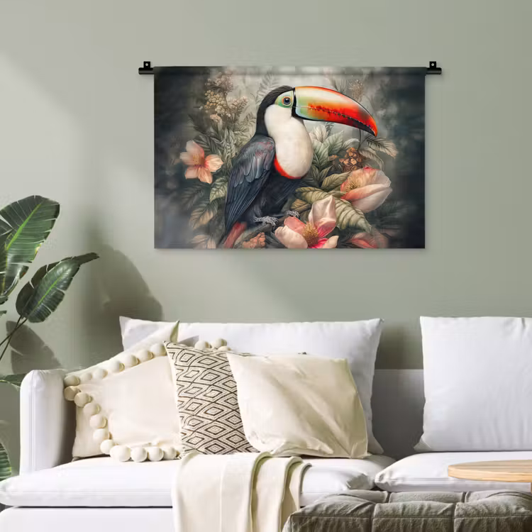 Toekan - Vogels - Bloemen - Planten - Tropisch Wandkleed katoen klein -sfeer7