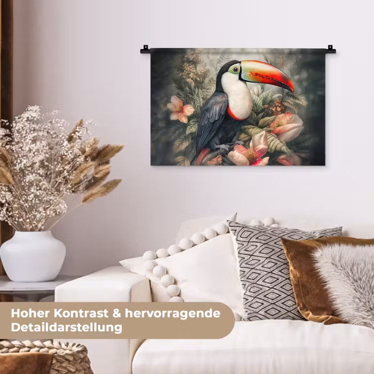 Toekan - Vogels - Bloemen - Planten - Tropisch Wandkleed katoen klein -tsfeer1_DE