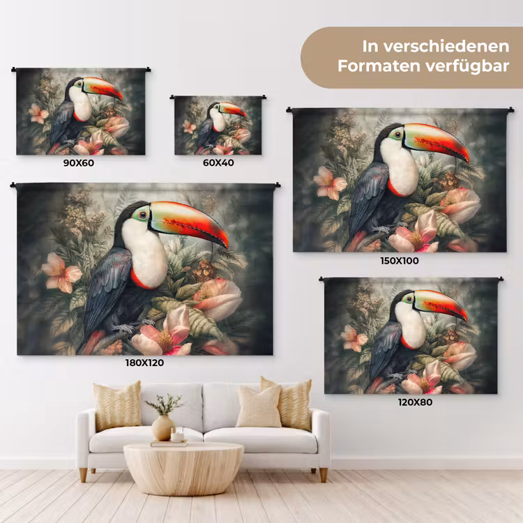 Toekan - Vogels - Bloemen - Planten - Tropisch Wandkleed katoen klein -tsfeer8_DE