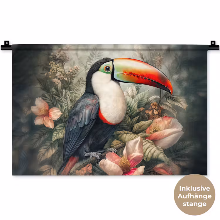 Toekan - Vogels - Bloemen - Planten - Tropisch Wandkleed katoen klein -t3d_DE