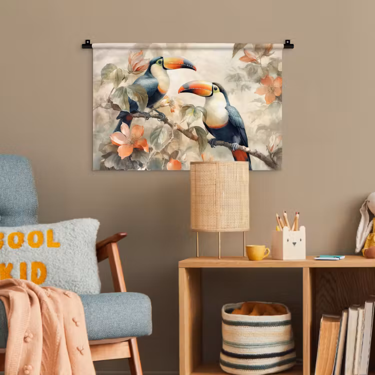 Toekan - Vogels - Bloemen - Tak Wandkleed katoen klein -wsfeer4_kind