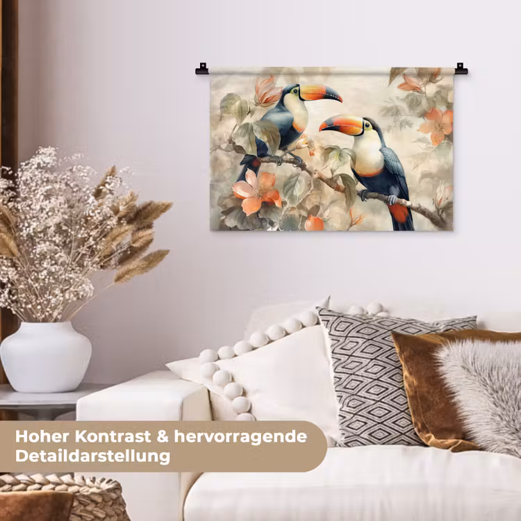 Toekan - Vogels - Bloemen - Tak Wandkleed katoen klein -tsfeer1_DE