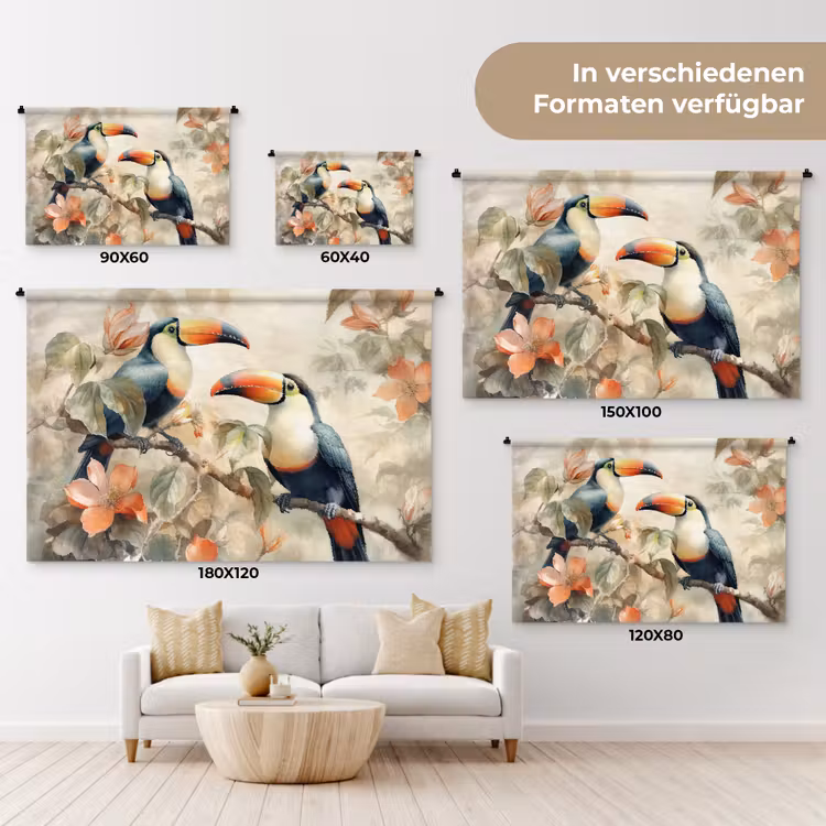 Toekan - Vogels - Bloemen - Tak Wandkleed katoen klein -tsfeer8_DE