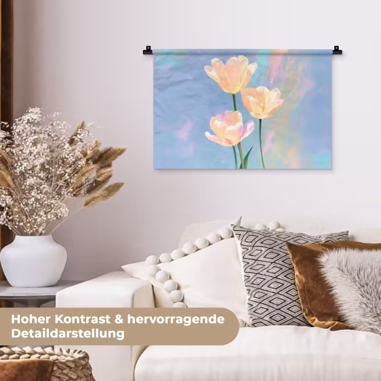 Tulpen - Roze accenten - Blauw Wandkleed katoen klein -tsfeer1_DE