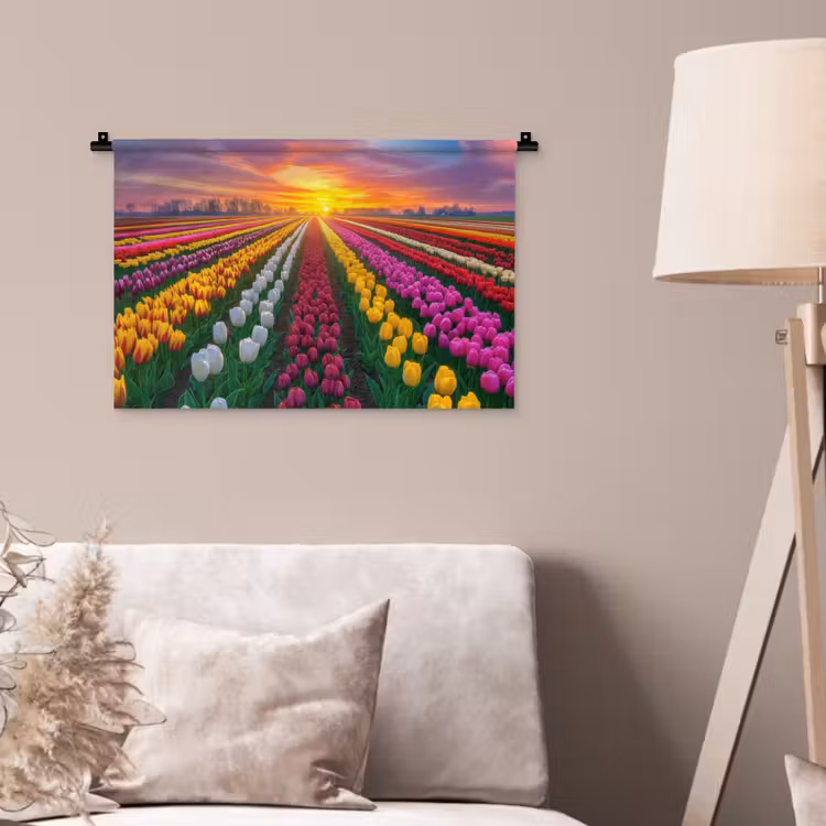 Tulpenveld - Zonsondergang - Kleurrijk Wandkleed katoen klein -sfeer4