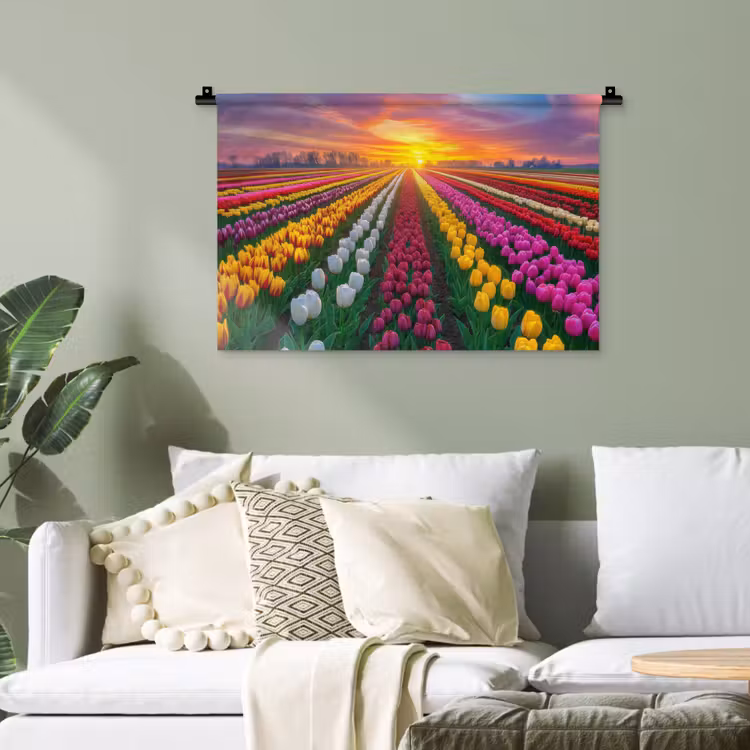 Tulpenveld - Zonsondergang - Kleurrijk Wandkleed katoen klein -sfeer7