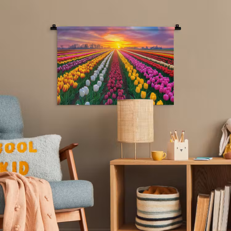 Tulpenveld - Zonsondergang - Kleurrijk Wandkleed katoen klein -wsfeer4_kind