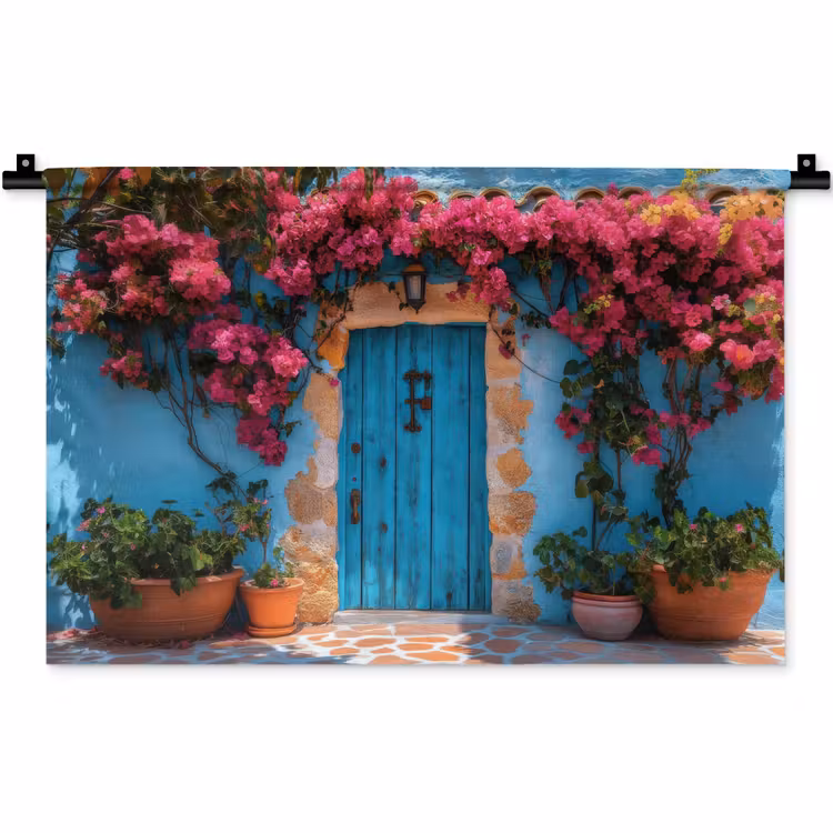 Deur - Hout - Bloemen - Blauw Wandkleed katoen klein -zz3d