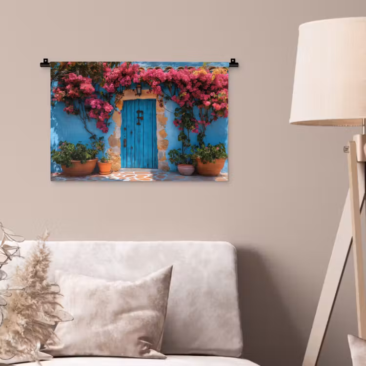 Deur - Hout - Bloemen - Blauw Wandkleed katoen klein -sfeer4