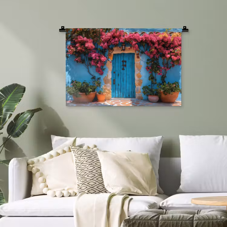 Deur - Hout - Bloemen - Blauw Wandkleed katoen klein -sfeer7