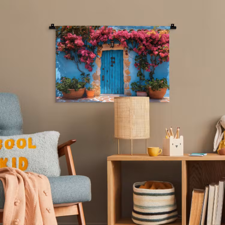Deur - Hout - Bloemen - Blauw Wandkleed katoen klein -wsfeer4_kind