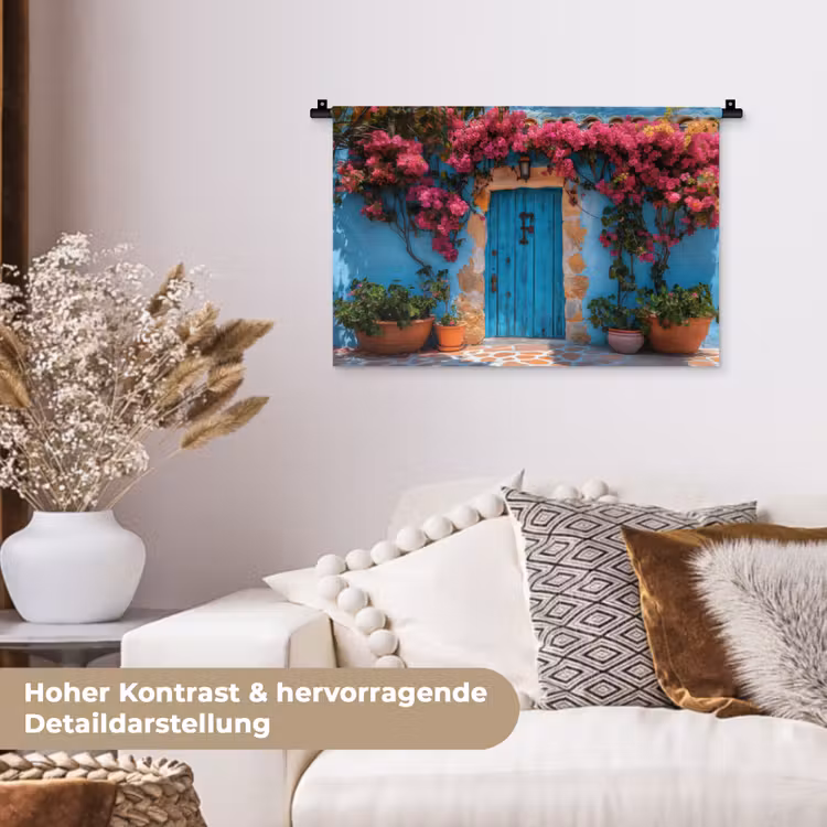 Deur - Hout - Bloemen - Blauw Wandkleed katoen klein -tsfeer1_DE