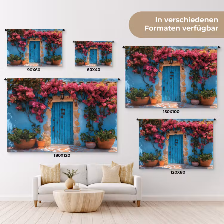 Deur - Hout - Bloemen - Blauw Wandkleed katoen klein -tsfeer8_DE