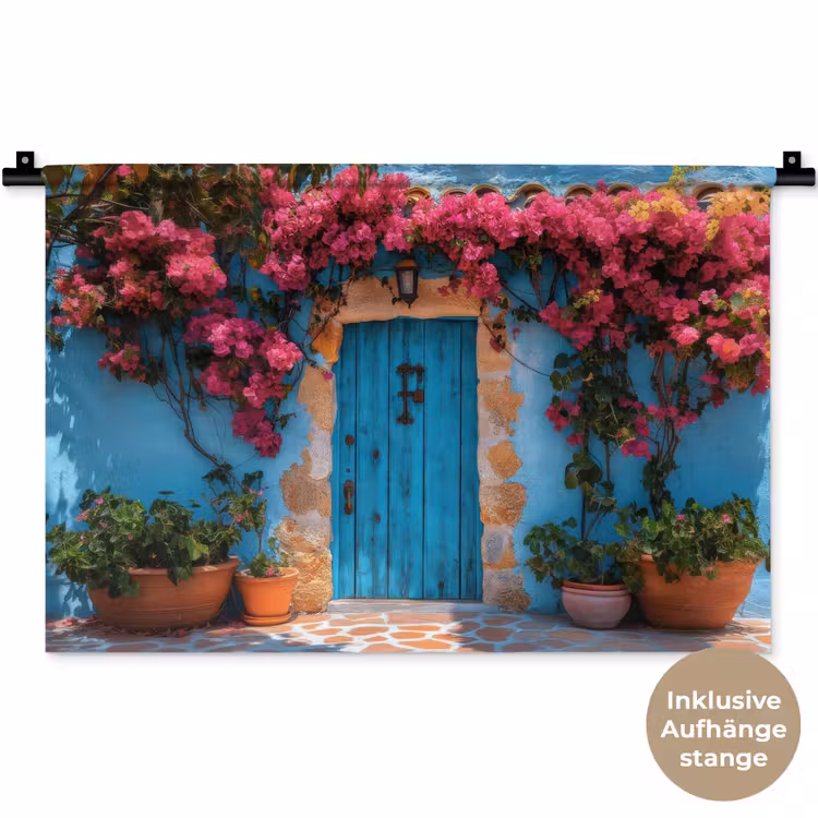 Deur - Hout - Bloemen - Blauw Wandkleed katoen klein -t3d_DE