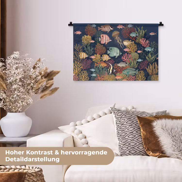 Onderwaterwereld - Vissen - Koraal - Illustratie - Kleurrijk Wandkleed katoen klein -tsfeer1_DE