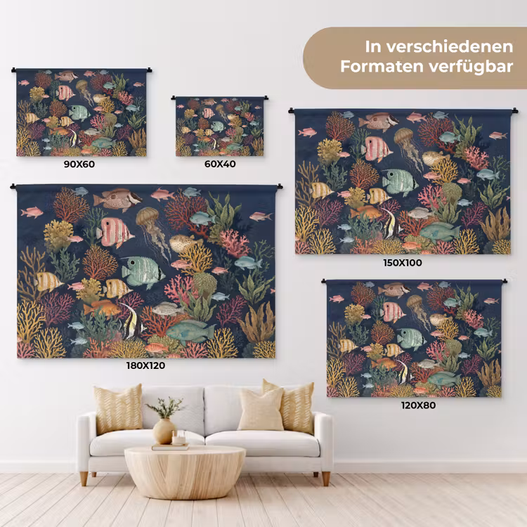 Onderwaterwereld - Vissen - Koraal - Illustratie - Kleurrijk Wandkleed katoen klein -tsfeer8_DE