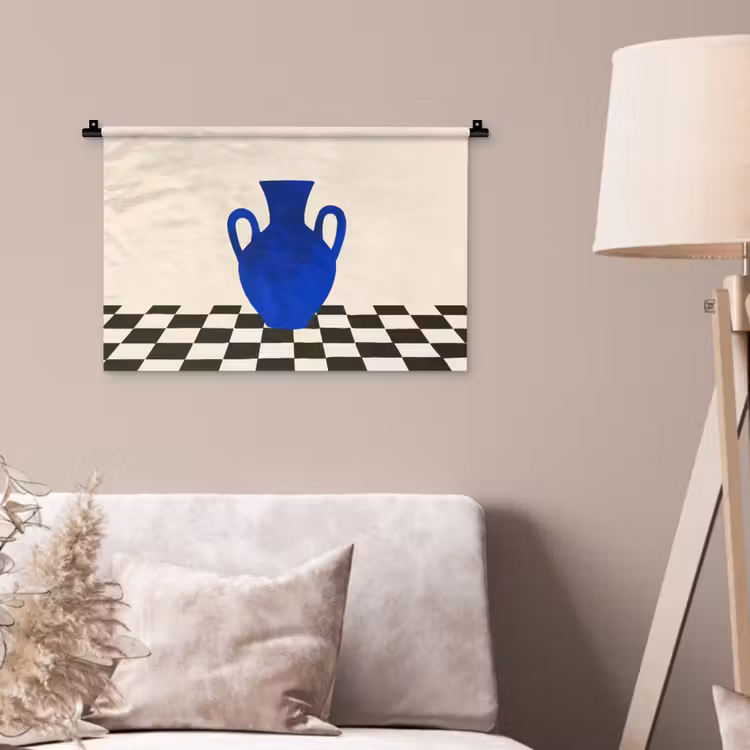 Vaas - Blauw - Geblokt - Modern Wandkleed katoen klein -sfeer4