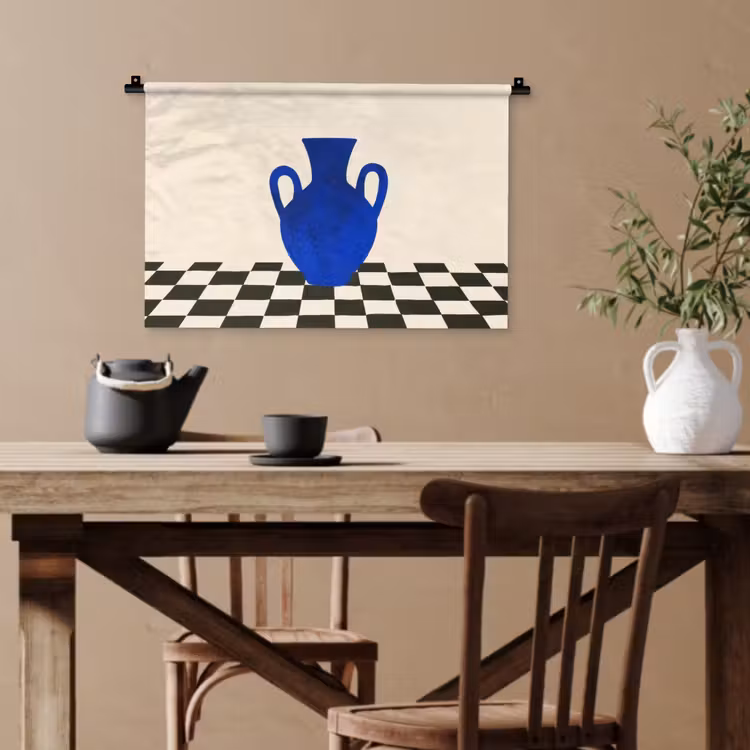 Vaas - Blauw - Geblokt - Modern Wandkleed katoen klein -sfeer6