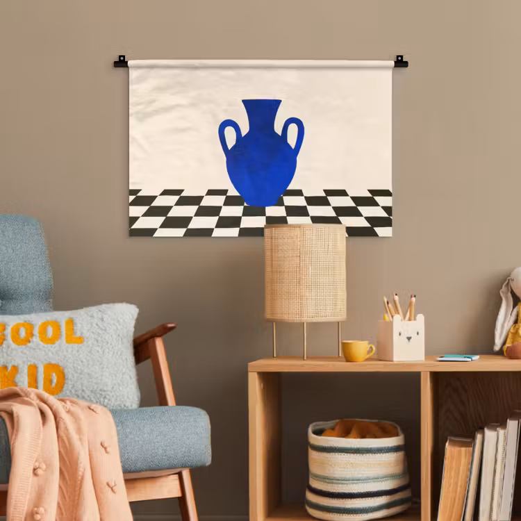 Vaas - Blauw - Geblokt - Modern Wandkleed katoen klein -wsfeer4_kind