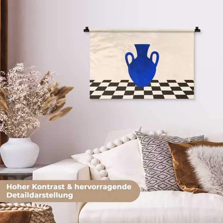 Vaas - Blauw - Geblokt - Modern Wandkleed katoen klein -tsfeer1_DE