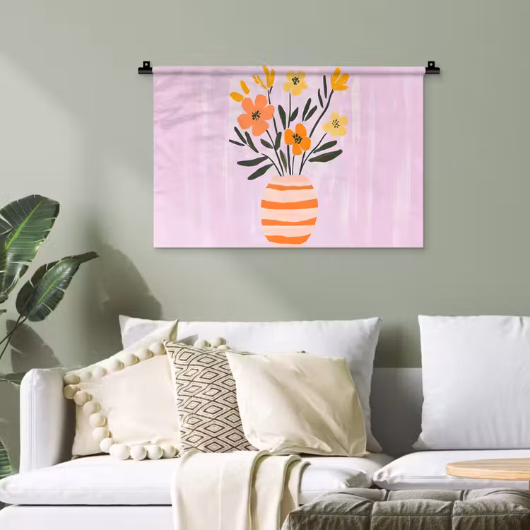 Vaas - Gestreept - Bloemen - Oranje Wandkleed katoen klein -sfeer7