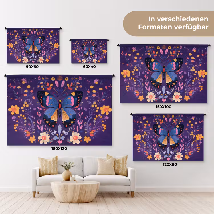 Sierlijk - Bloemen - Vlinder - Paars Wandkleed katoen klein -tsfeer8_DE