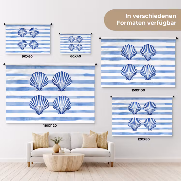 Vier schelpen - Blauw - Wit - Strepen Wandkleed katoen klein -tsfeer8_DE