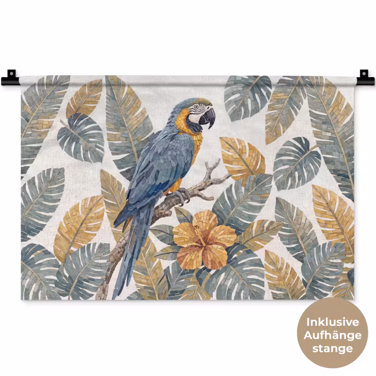 Vogel - Tak - Natuur - Mozaïek - Blauw Wandkleed katoen klein -t3d_DE