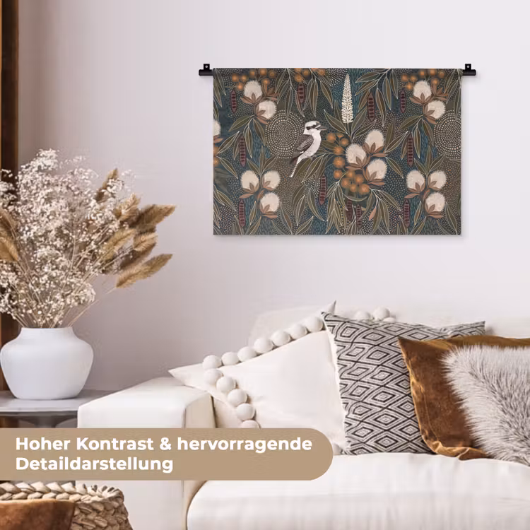 Vogel - Bladeren - Natuur - Illustratie - Groen Wandkleed katoen klein -tsfeer1_DE