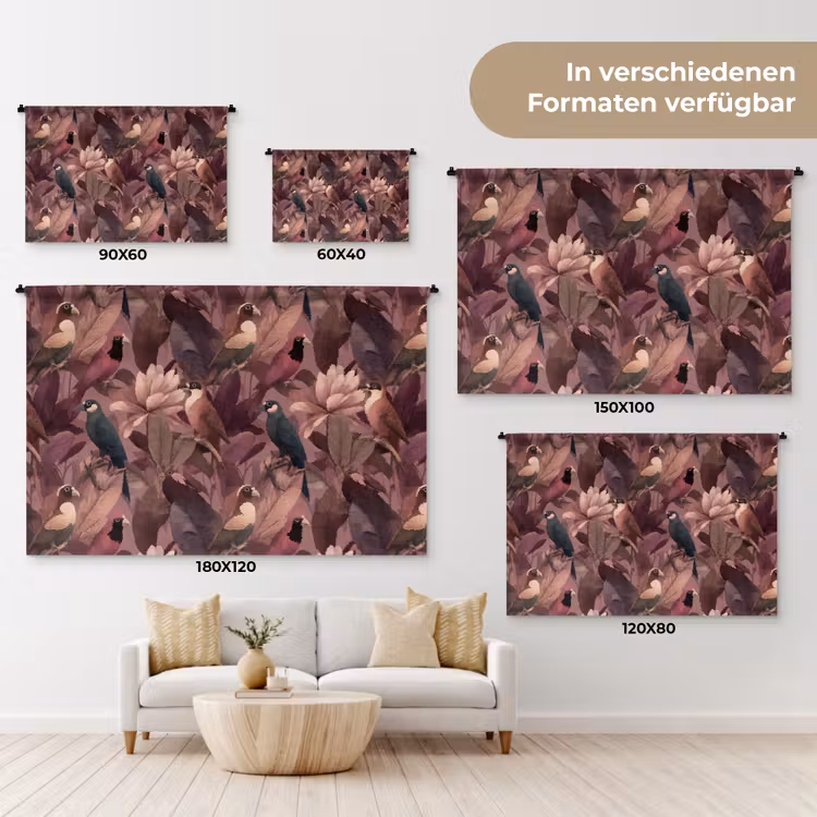 Vogels - Bladeren - Roze Wandkleed katoen klein 269 -tsfeer8_DE