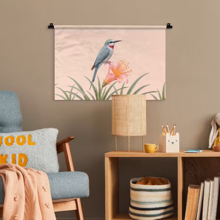 Vogel - Bloem - Natuur - Roze Wandkleed katoen klein -wsfeer4_kind