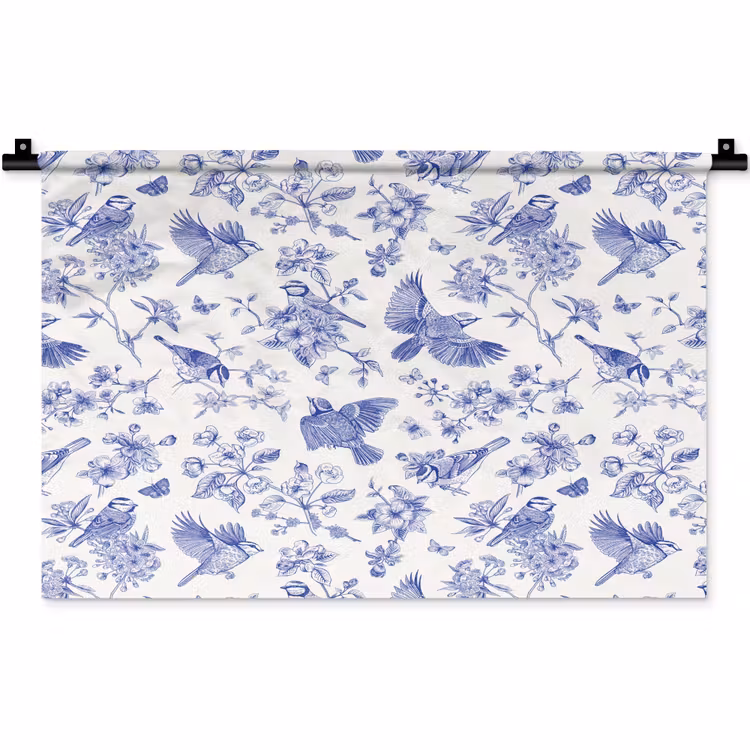 Birds - Flowers - Blue Wandkleed katoen klein 269 -zz3d