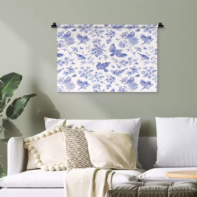 Birds - Flowers - Blue Wandkleed katoen klein 269 -sfeer7