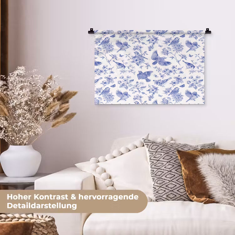 Birds - Flowers - Blue Wandkleed katoen klein 269 -tsfeer1_DE