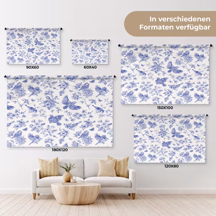 Birds - Flowers - Blue Wandkleed katoen klein 269 -tsfeer8_DE