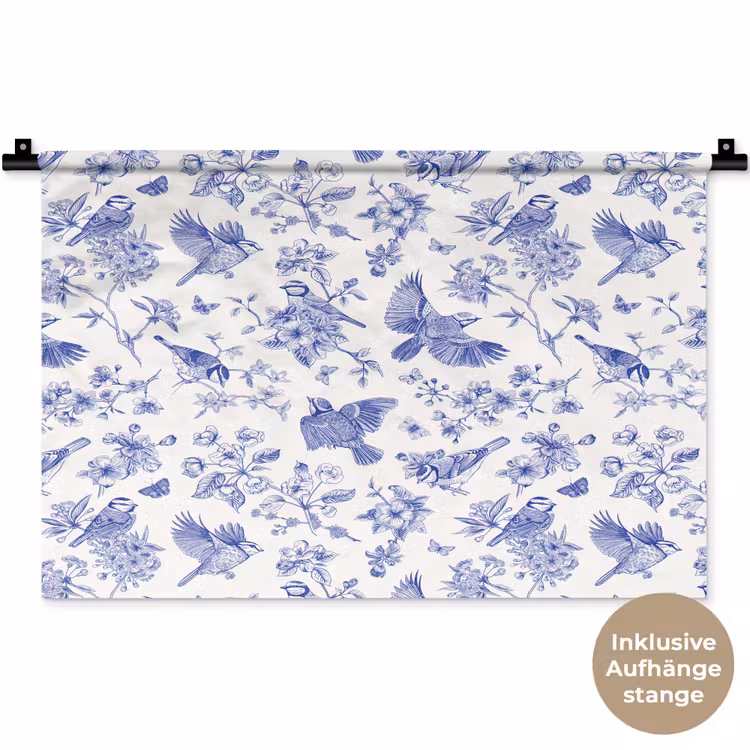 Birds - Flowers - Blue Wandkleed katoen klein 269 -t3d_DE