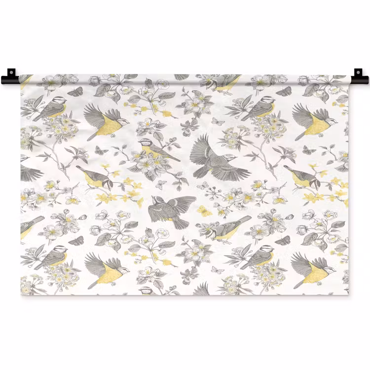 Birds - Flowers - Gray - Yellow Wandkleed katoen klein 269 -zz3d