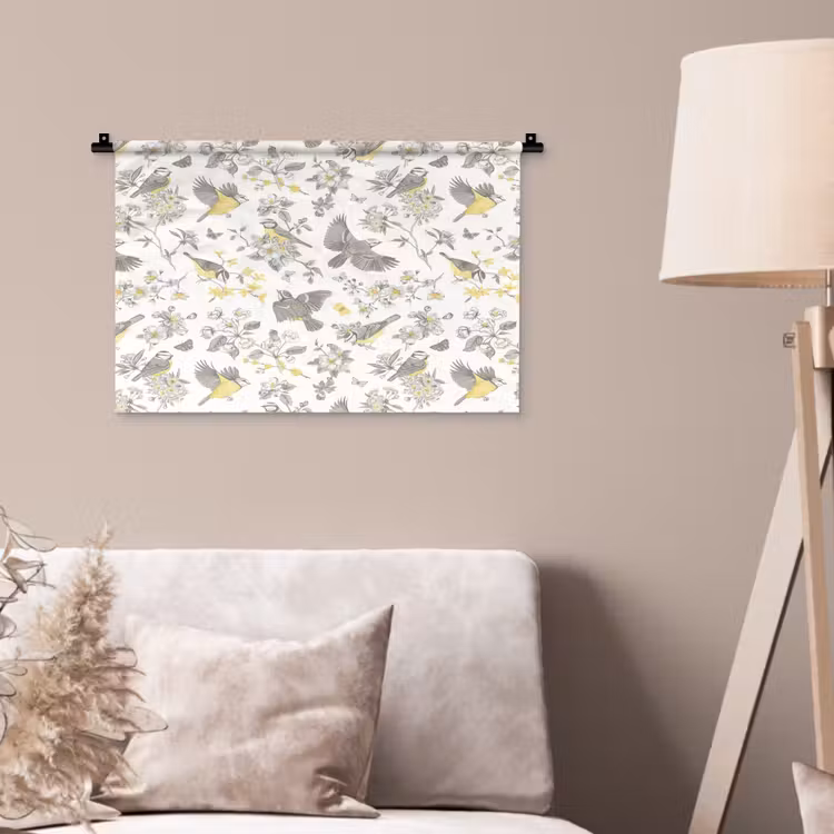 Birds - Flowers - Gray - Yellow Wandkleed katoen klein 269 -sfeer4