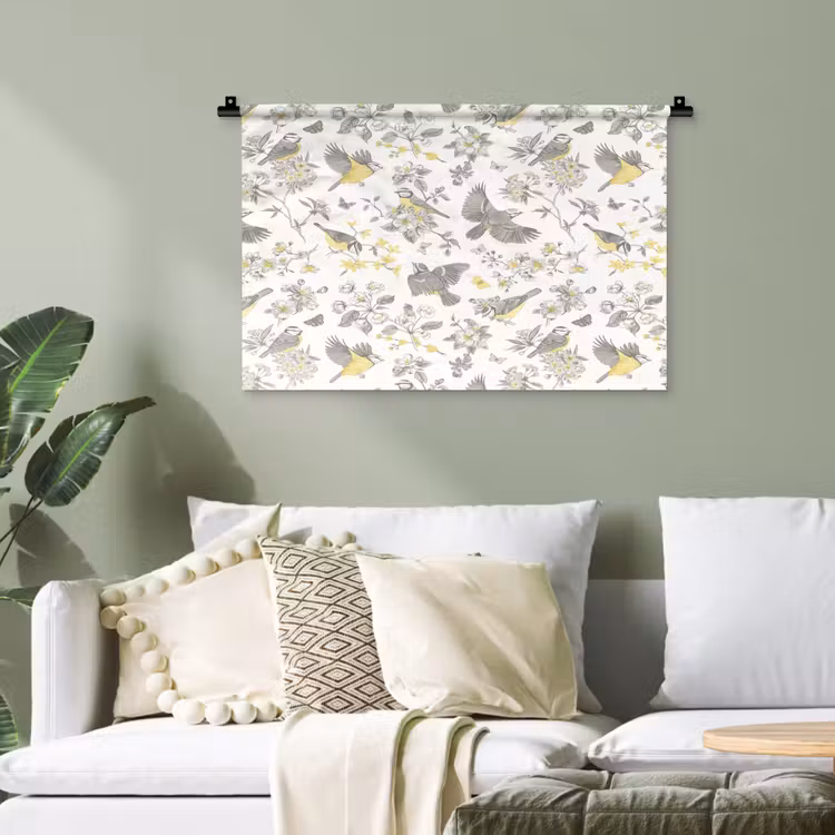 Birds - Flowers - Gray - Yellow Wandkleed katoen klein 269 -sfeer7